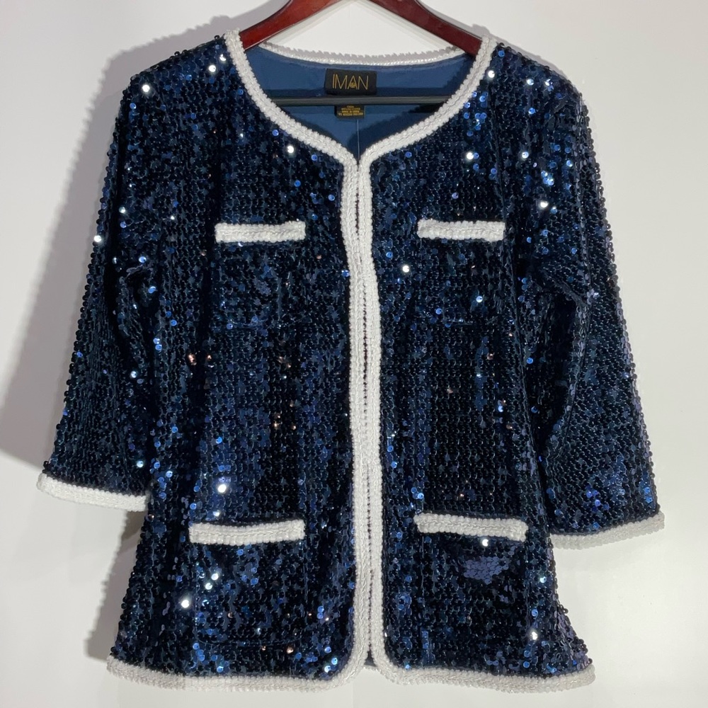 IMAN Jacket, Sequin, Blue and White, Hook and Eye, Size Medium